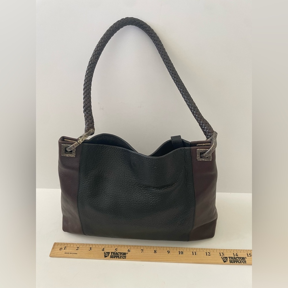 Brighton Two-Tone Black Brown Leather Shoulder Purse Handbag Tote Woven Handles - Picture 5 of 8